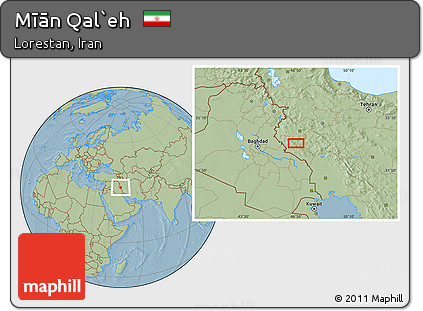 Savanna Style Location Map of Mīān Qal`eh, hill shading
