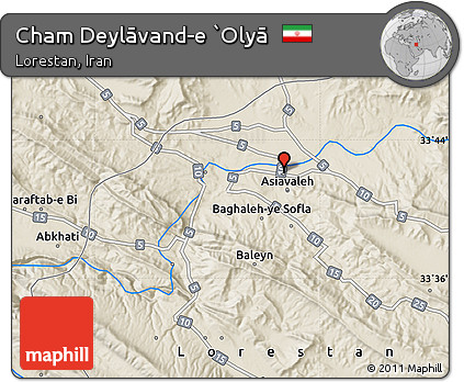 Shaded Relief Map of Cham Deylāvand-e `Olyā