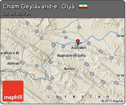 Shaded Relief Map of Cham Deylāvand-e `Olyā
