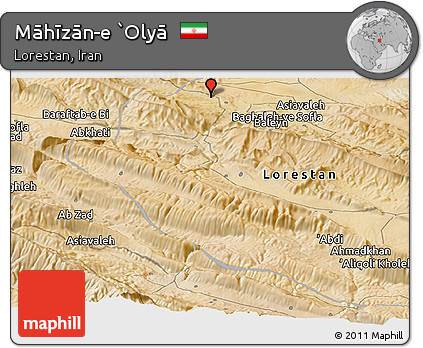 Satellite Panoramic Map of Māhīzān-e `Olyā