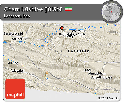 Shaded Relief Panoramic Map of Cham Kūshk-e Ţūlābī