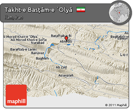 Shaded Relief Panoramic Map of Takht-e Basţām-e `Olyā