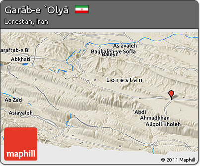 Shaded Relief Panoramic Map of Garāb-e `Olyā