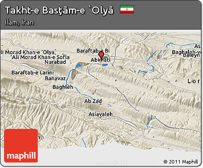 Shaded Relief Panoramic Map of Takht-e Basţām-e `Olyā