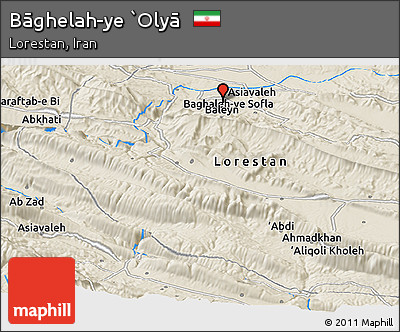 Shaded Relief Panoramic Map of Bāghelah-ye `Olyā