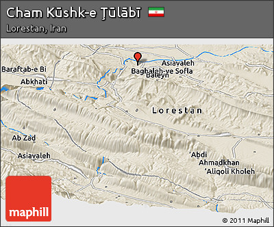 Shaded Relief Panoramic Map of Cham Kūshk-e Ţūlābī