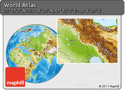 Physical Location Map of the Area around 33° 32' 52" N, 47° 40' 29" E