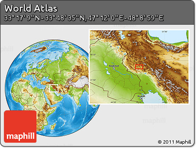 Physical Location Map of the Area around 33° 32' 52" N, 47° 40' 29" E