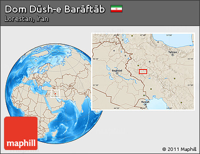 Shaded Relief Location Map of Dom Dūsh-e Barāftāb