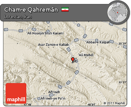 Shaded Relief Map of Cham-e Qahremān