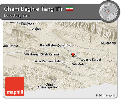 Shaded Relief Panoramic Map of Cham Bāgh-e Tang Tīr