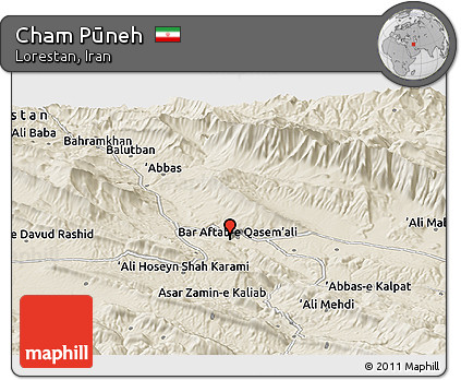 Shaded Relief Panoramic Map of Cham Pūneh