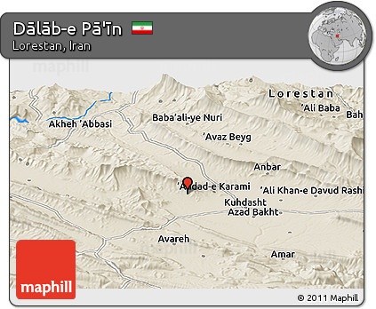 Shaded Relief Panoramic Map of Dālāb-e Pā'īn