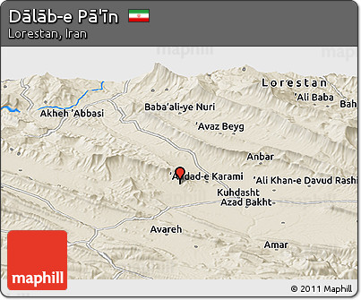 Shaded Relief Panoramic Map of Dālāb-e Pā'īn