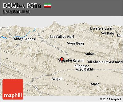 Shaded Relief Panoramic Map of Dālāb-e Pā'īn