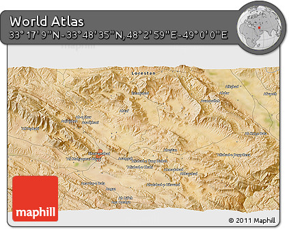 Satellite 3D Map of the Area around 33° 32' 52" N, 48° 31' 29" E