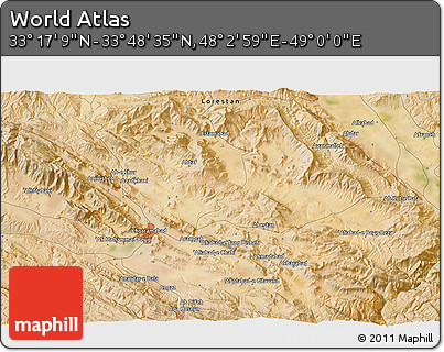 Satellite 3D Map of the Area around 33° 32' 52" N, 48° 31' 29" E