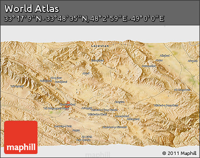 Satellite 3D Map of the Area around 33° 32' 52" N, 48° 31' 29" E