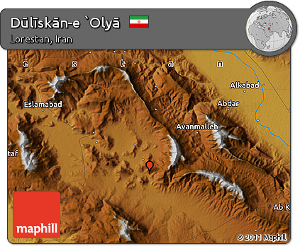 Physical Map of Dūlīskān-e `Olyā