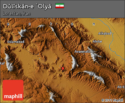 Physical Map of Dūlīskān-e `Olyā