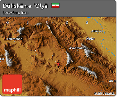 Physical Map of Dūlīskān-e `Olyā