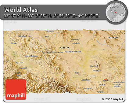 Satellite 3D Map of the Area around 33° 32' 52" N, 49° 22' 30" E