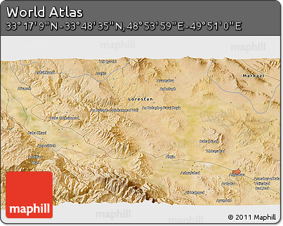 Satellite 3D Map of the Area around 33° 32' 52" N, 49° 22' 30" E