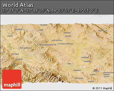 Satellite 3D Map of the Area around 33° 32' 52" N, 49° 22' 30" E