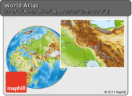 Physical Location Map of the Area around 33° 32' 52" N, 49° 22' 30" E