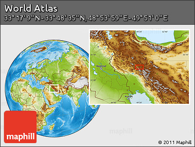Physical Location Map of the Area around 33° 32' 52" N, 49° 22' 30" E