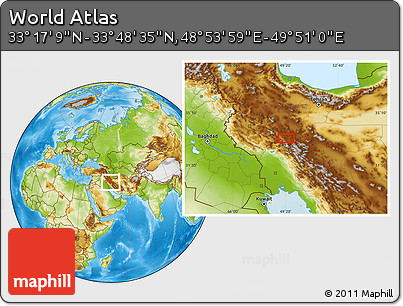 Physical Location Map of the Area around 33° 32' 52" N, 49° 22' 30" E
