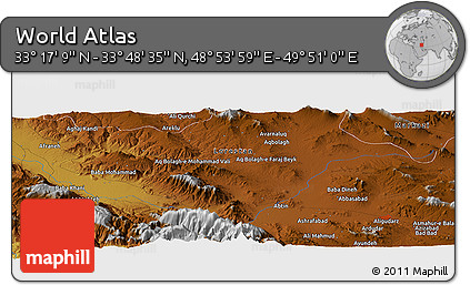 Physical Panoramic Map of the Area around 33° 32' 52" N, 49° 22' 30" E