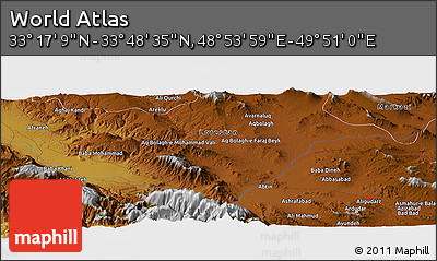 Physical Panoramic Map of the Area around 33° 32' 52" N, 49° 22' 30" E
