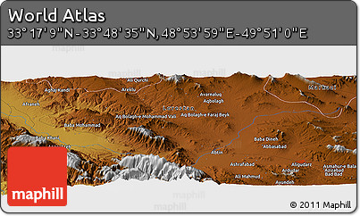 Physical Panoramic Map of the Area around 33° 32' 52" N, 49° 22' 30" E