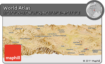Satellite Panoramic Map of the Area around 33° 32' 52" N, 49° 22' 30" E