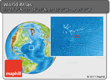 Physical Location Map of the Area around 33° 32' 52" N, 49° 13' 30" W