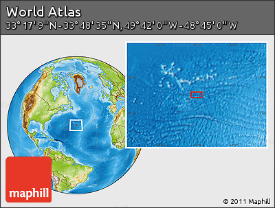 Physical Location Map of the Area around 33° 32' 52" N, 49° 13' 30" W