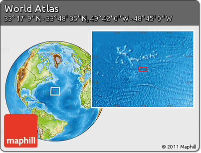 Physical Location Map of the Area around 33° 32' 52" N, 49° 13' 30" W