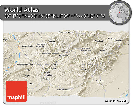 Shaded Relief 3D Map of the Area around 33° 32' 52" N, 4° 10' 30" W