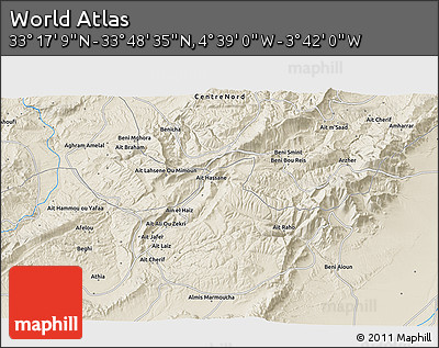 Shaded Relief 3D Map of the Area around 33° 32' 52" N, 4° 10' 30" W