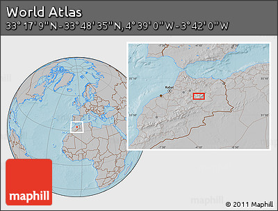 Gray Location Map of the Area around 33° 32' 52" N, 4° 10' 30" W, hill shading