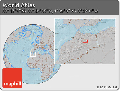 Gray Location Map of the Area around 33° 32' 52" N, 4° 10' 30" W, hill shading