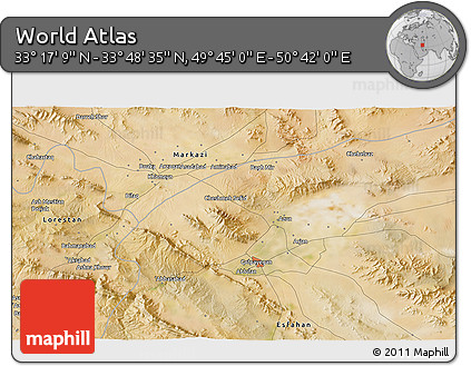 Satellite 3D Map of the Area around 33° 32' 52" N, 50° 13' 30" E