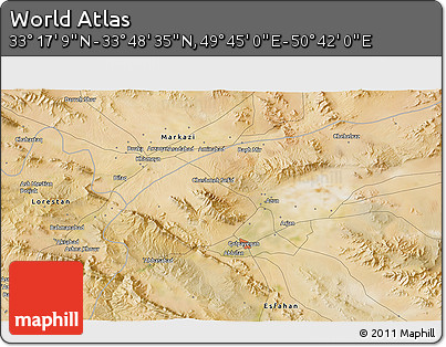 Satellite 3D Map of the Area around 33° 32' 52" N, 50° 13' 30" E