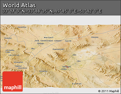 Satellite 3D Map of the Area around 33° 32' 52" N, 50° 13' 30" E