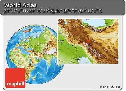 Physical Location Map of the Area around 33° 32' 52" N, 50° 13' 30" E