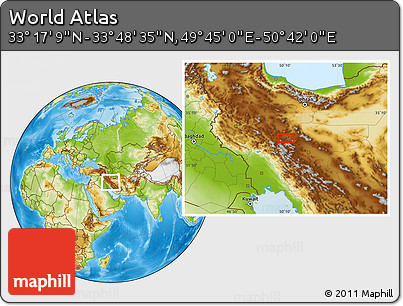 Physical Location Map of the Area around 33° 32' 52" N, 50° 13' 30" E