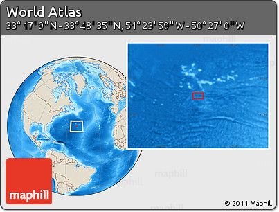 Shaded Relief Location Map of the Area around 33° 32' 52" N, 50° 55' 29" W