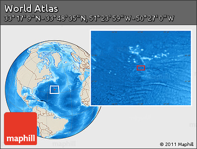 Shaded Relief Location Map of the Area around 33° 32' 52" N, 50° 55' 29" W