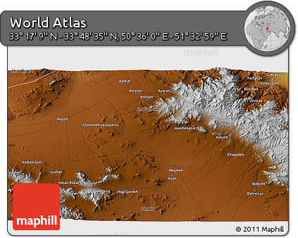 Physical 3D Map of the Area around 33° 32' 52" N, 51° 4' 30" E